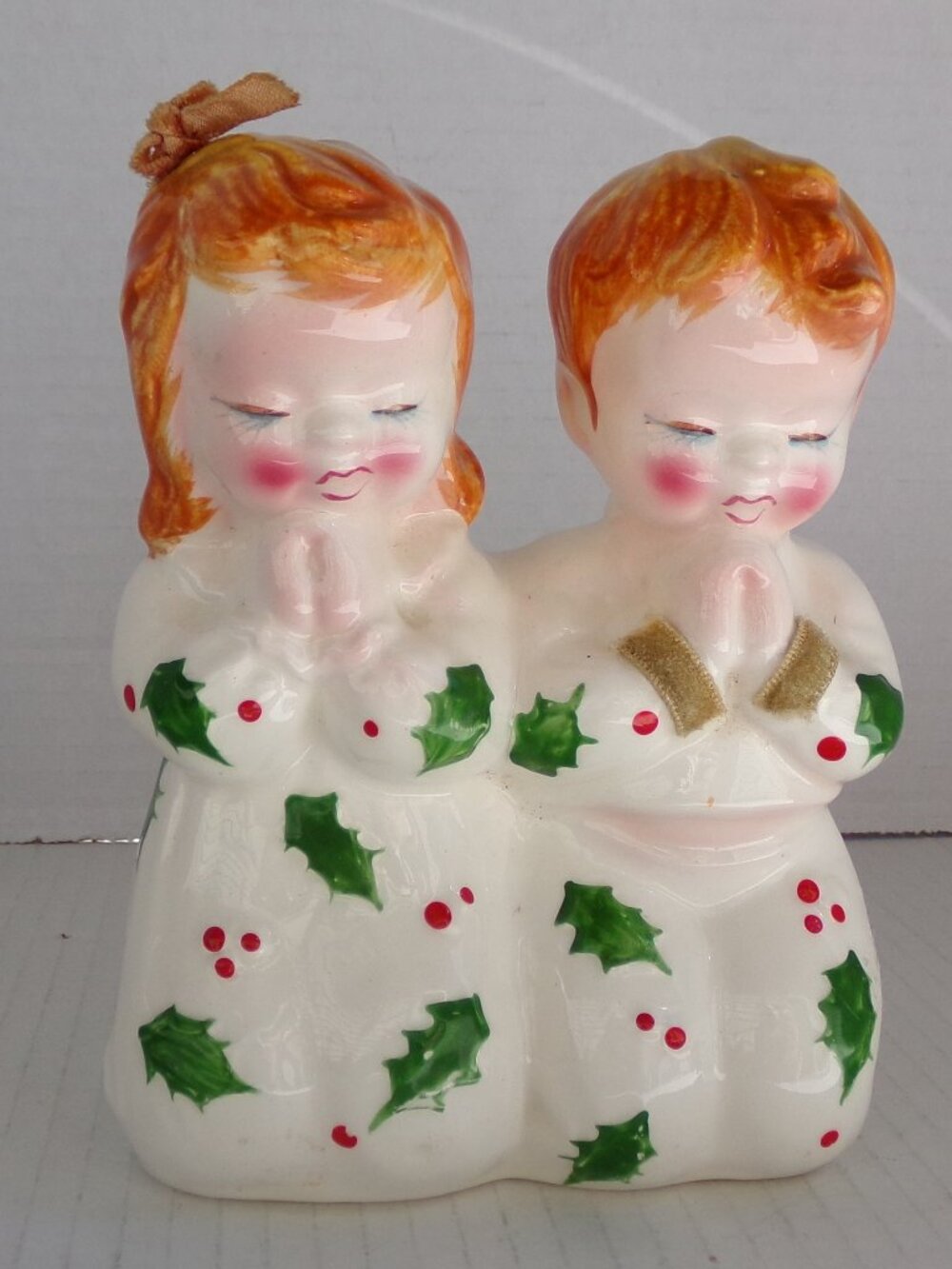 Vintage Ceramic Praying Boy Girl Money Bank Christmas Holly Hand Painted Japan